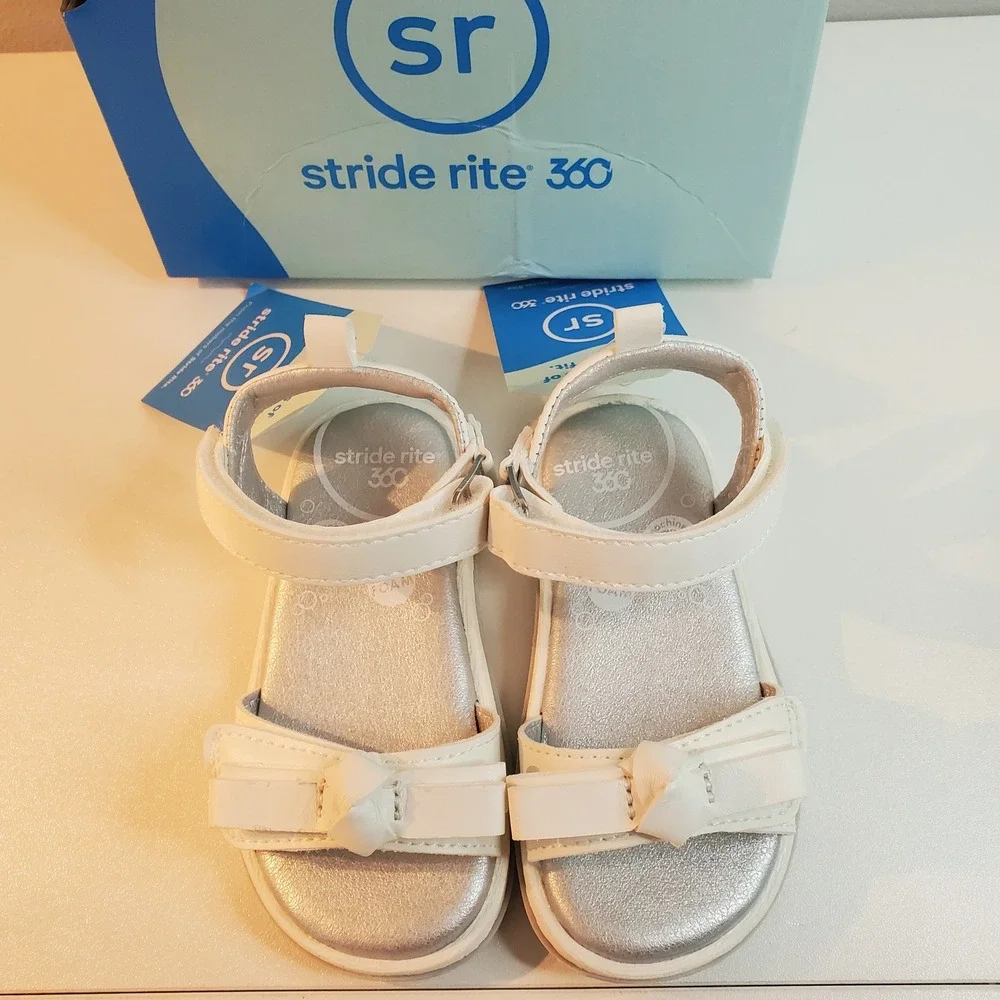 Stride Rite 360 Delilah White Silver Bow Sandals Kids Size 5M